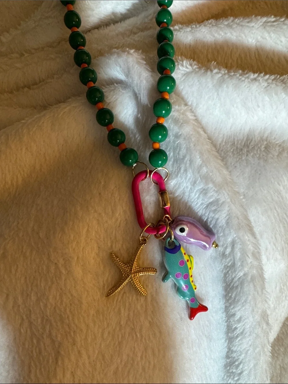 Green Beaded Charm Necklace with Colorful Ocean Charms